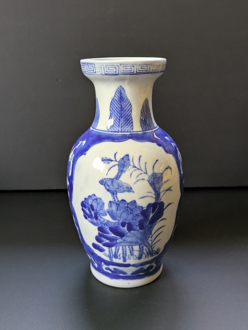 Vintage Blue and White Ceramic Floral Vase 8 1/4" Hand Painted Asian Chinoiserie